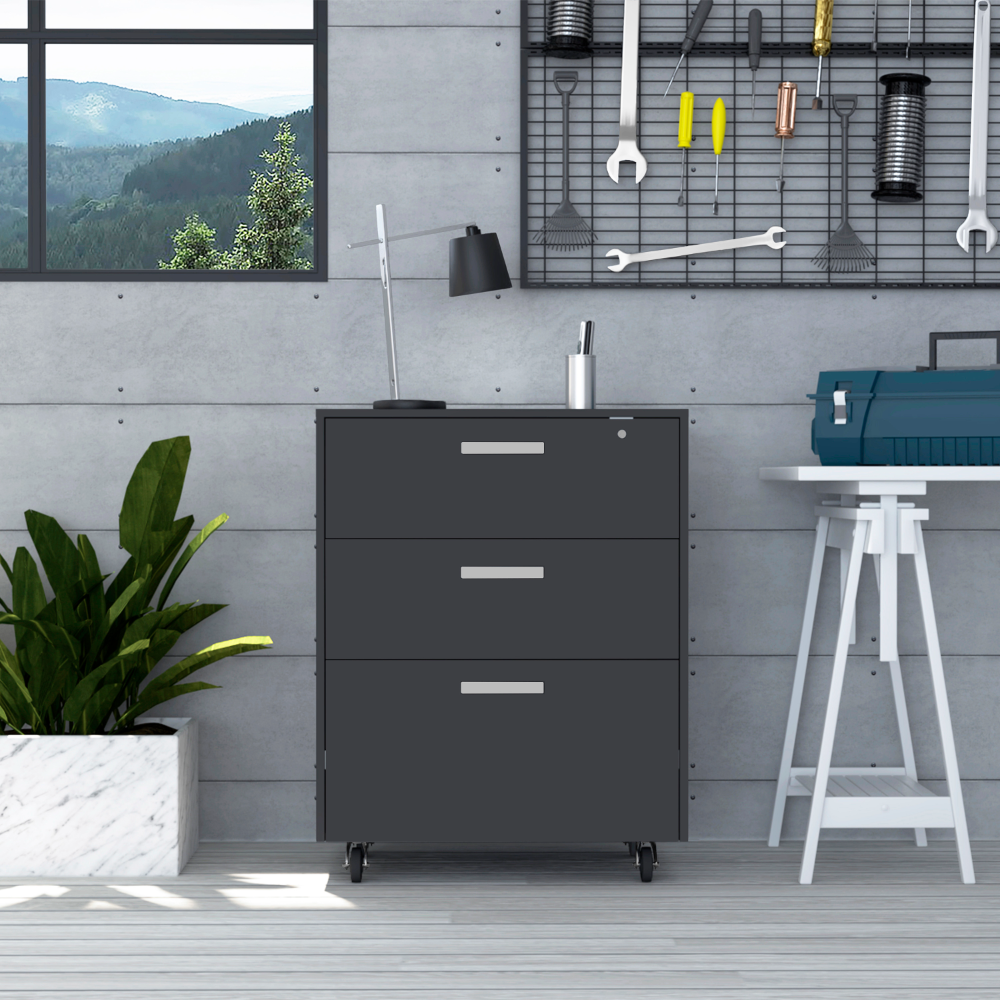 Multisstorage Cabinet 35" H, Three Drawers, Four Wheels, Black Black Particle Board Particle Board