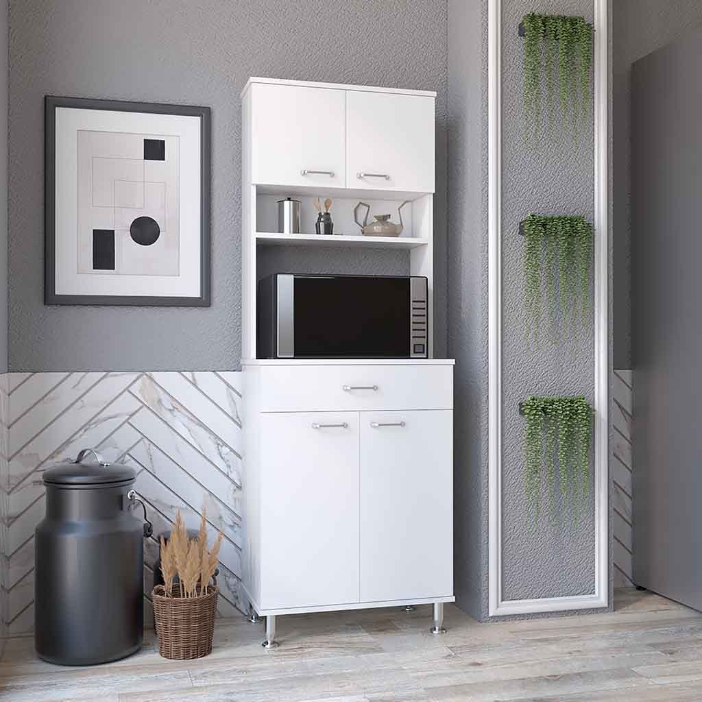 Pantry Cabinet 67" H, Four Doors, One Drawer, Three Internal Shelves, 2 External Storage Shelves, Microwave Storage Option, Four Legs, White White Particle Board Particle Board