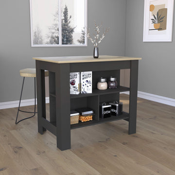Kitchen Island, Kitchen Table 35" H, Four Legs, Three Open Storage Shelves, Black Light Oak Multicolor Particle Board Particle Board