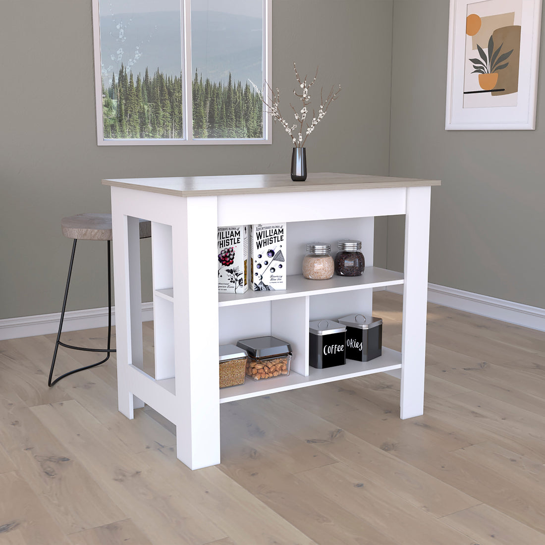 Kitchen Island, Kitchen Table 35" H, Three Open Storage Shelves, Four Legs, White Light Gray Multicolor Particle Board Particle Board
