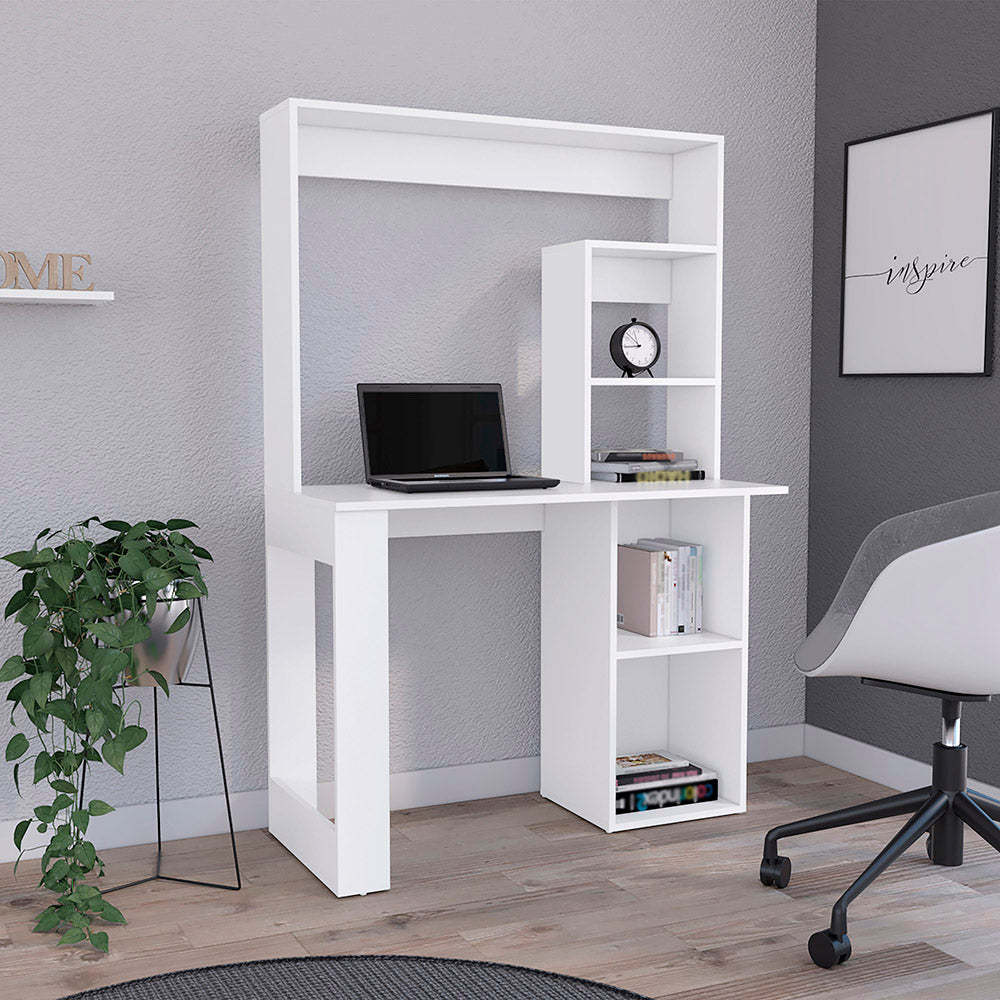 Ethel Writing Computer Desk With Storage Shelves And Hutch, White White Particle Board Particle Board