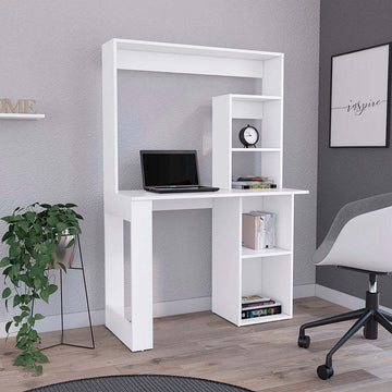 Ethel Writing Computer Desk With Storage Shelves And Hutch, White White Particle Board Particle Board