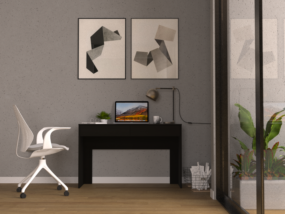 Computer Desk With Two Drawers Writing, Black Black Particle Board Particle Board