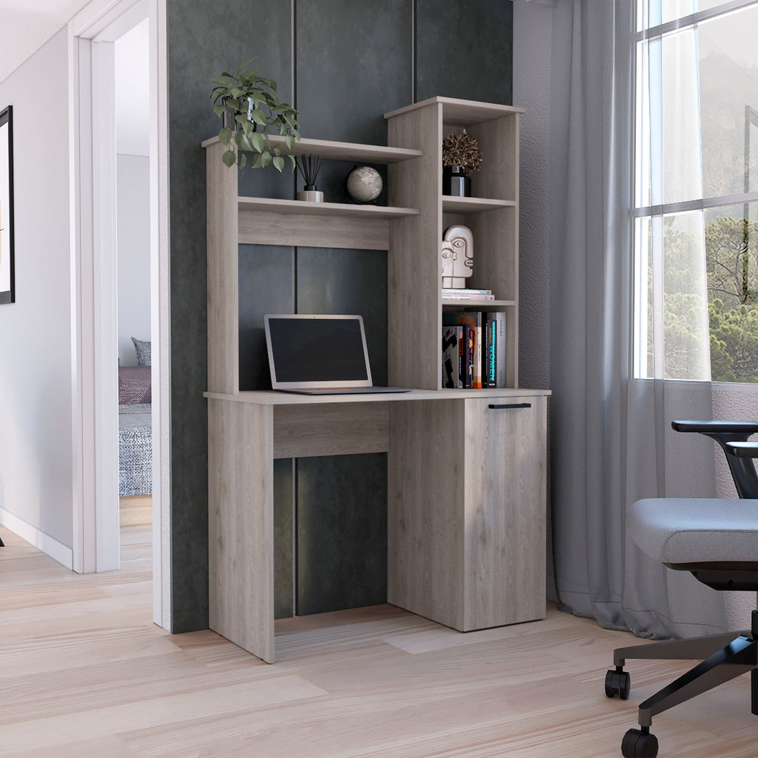 Computer Desk With Large Work Surface, Hutch Storage And Single Door Cabinet With 3 Tier Shelves, Light Gray Gray Particle Board Particle Board