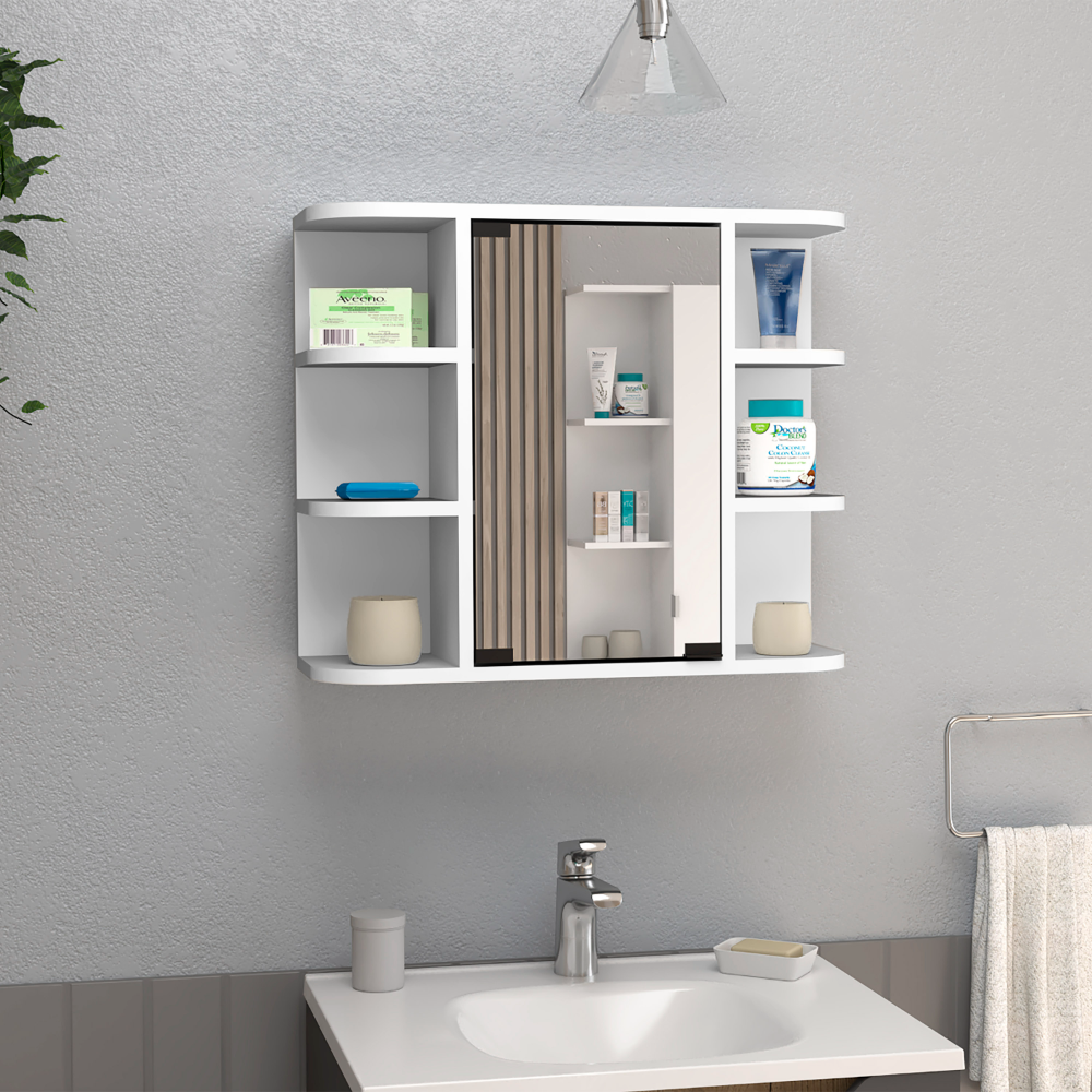 Medicine Cabinet 19" H, Six External Shelves, Three Interior Shelves, White White Particle Board Particle Board