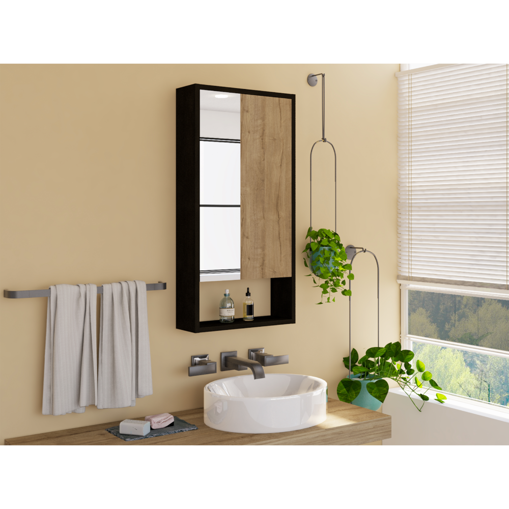 Medicine Single Door Cabinet 35" H, Two Interior Shelves, One External Shelf, Black Black Particle Board Particle Board