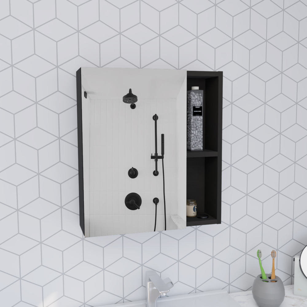 Medicine Single Door Cabinet 19" H With Mirror, Five Interior Shelves, Black Black Particle Board Particle Board