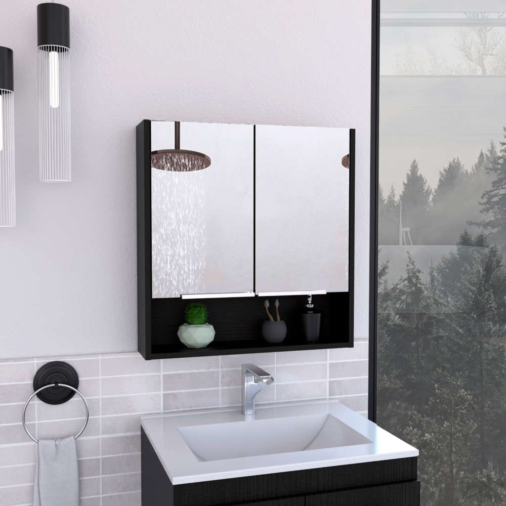 Mirror Medicine Cabinet, One Open Shelf, Three Interior Shelves, Black Black Particle Board Particle Board
