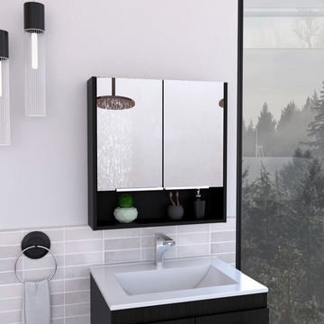 Mirror Medicine Cabinet, One Open Shelf, Three Interior Shelves, Black Black Particle Board Particle Board