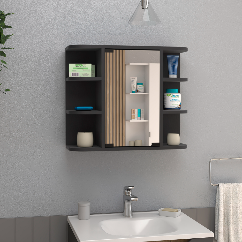 Mirrored 19H" Medicine Cabinet, Six External Shelves, Three Interior Shelves, Black Black Particle Board Particle Board