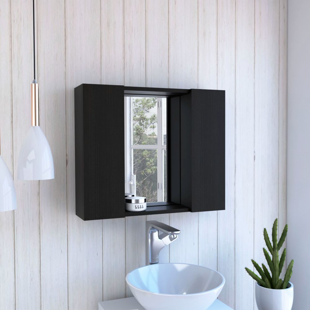 Medicine 19H" Double Door Cabinet, One External Shelf, Black Black Particle Board Particle Board