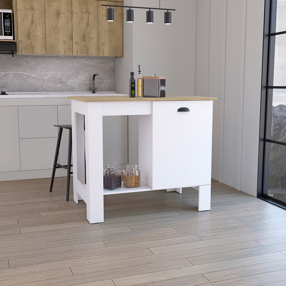 Kitchen Island 35" H, One Storage Cabinet With Door, Two Internal Shelves, One Open Storage Shelf, White Macadamia Multicolor Particle Board Particle Board