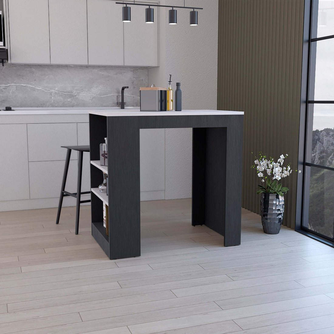 Kitchen Island, Kitchen Bar Table 36" H, With 3 Side Shelves, White, Wengue Ibiza Marble Color Finish Multicolor Particle Board Particle Board