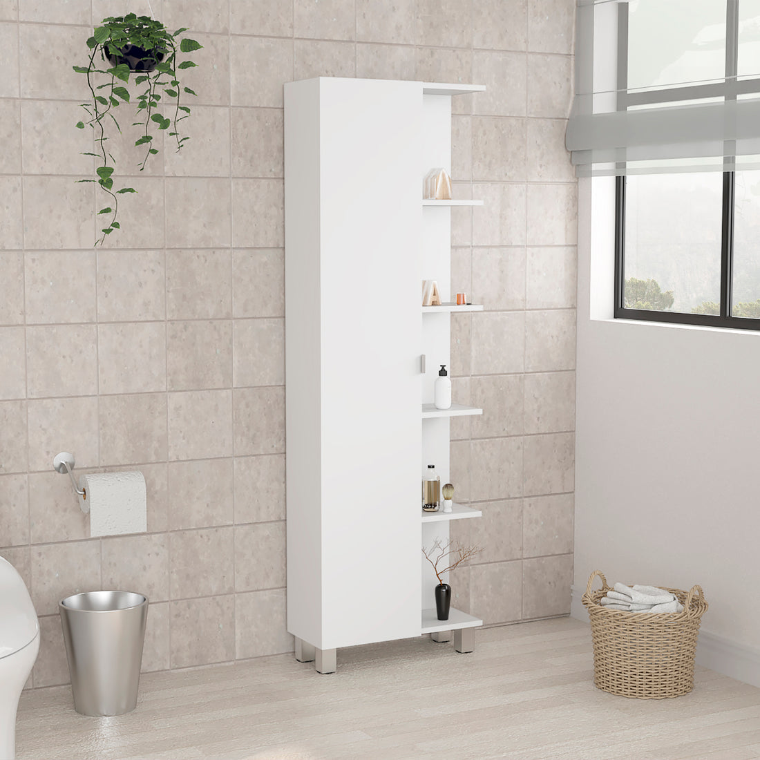 Urano Corner Linen Cabinet, Five External Shelves, Single Door, Four Interior Shelves White White Particle Board Particle Board