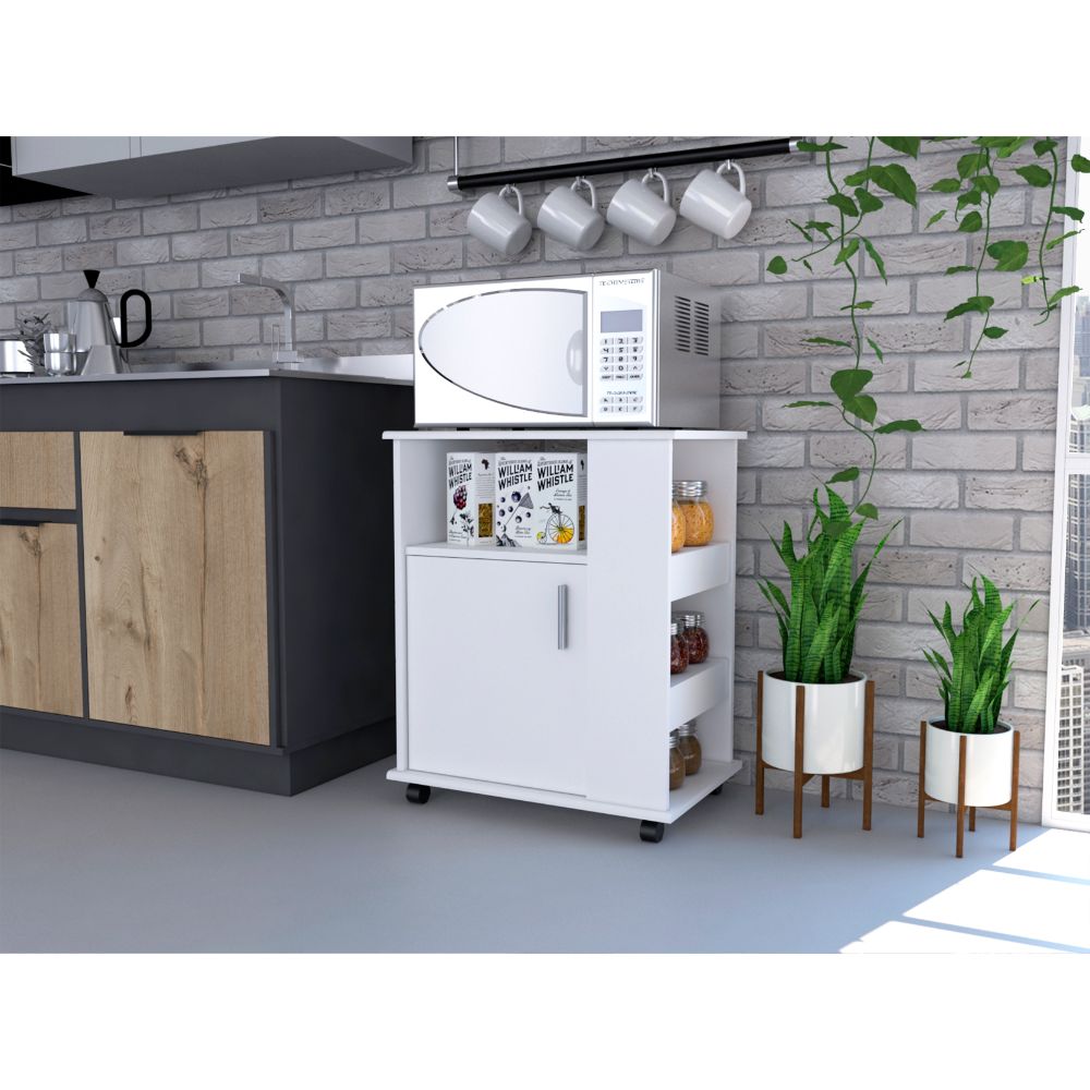 Lower Microwave Pantry 29" H, Single Door Cabinet, One Open Shelf, Three Side Shelves, White White Particle Board Particle Board