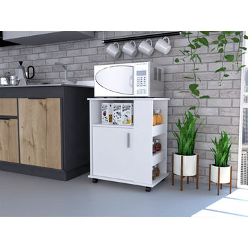 Lower Microwave Pantry 29" H, Single Door Cabinet, One Open Shelf, Three Side Shelves, White White Particle Board Particle Board