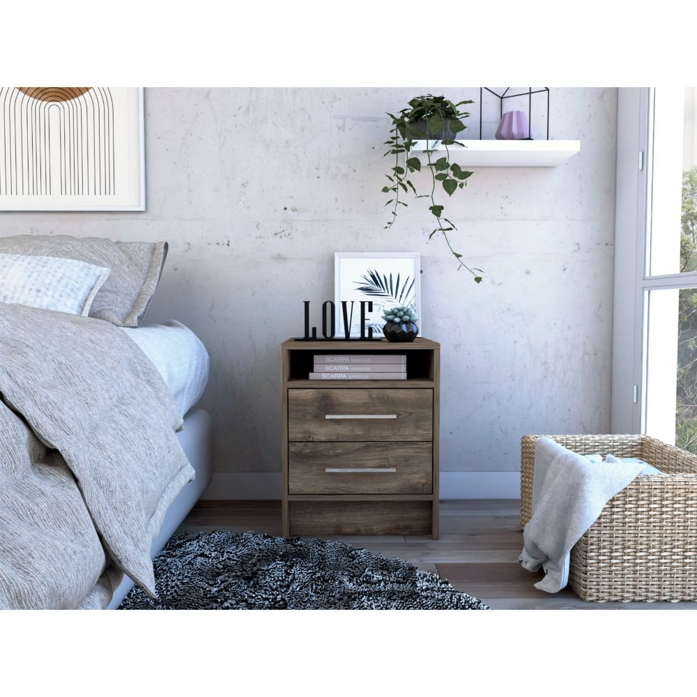 Nightstand 20"H, Two Drawers, Superior Top, Metal Handles, Dark Brown Brown Particle Board Particle Board