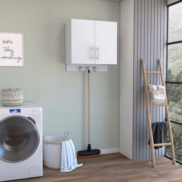 Wall Cabinet 27" H, Three Broom Hangers And Metal Handles, Two Internal Shelves, Two Doors, White White Particle Board Particle Board