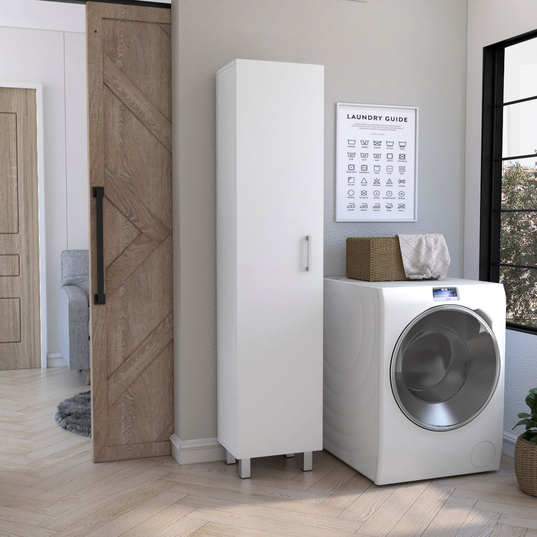 Vintro Storage Cabinet, Broom Hangers, Metal Handle White Vertical Natural White White Dining Room Modern Particle Board Particle Board