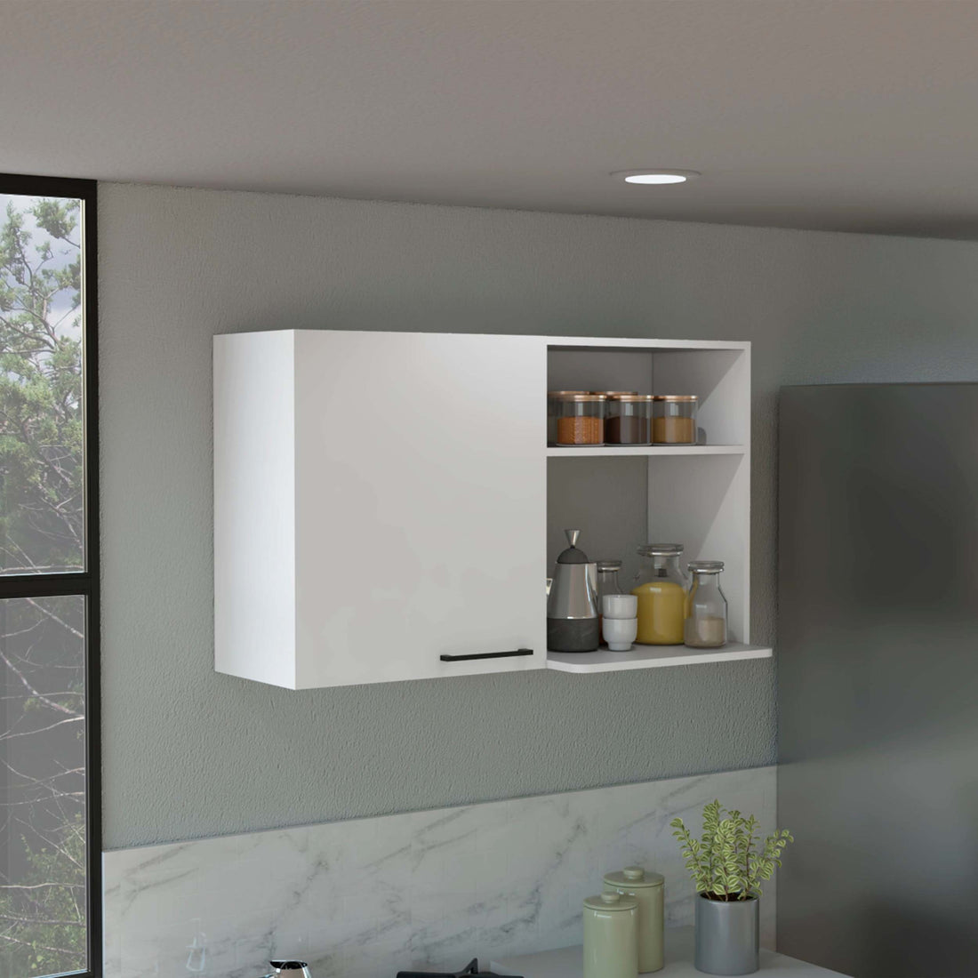Stackable Wall Storage Cabinet 24" H, Two Internal Shelves, Two External Storage Shelves, One Door, White White Particle Board Particle Board