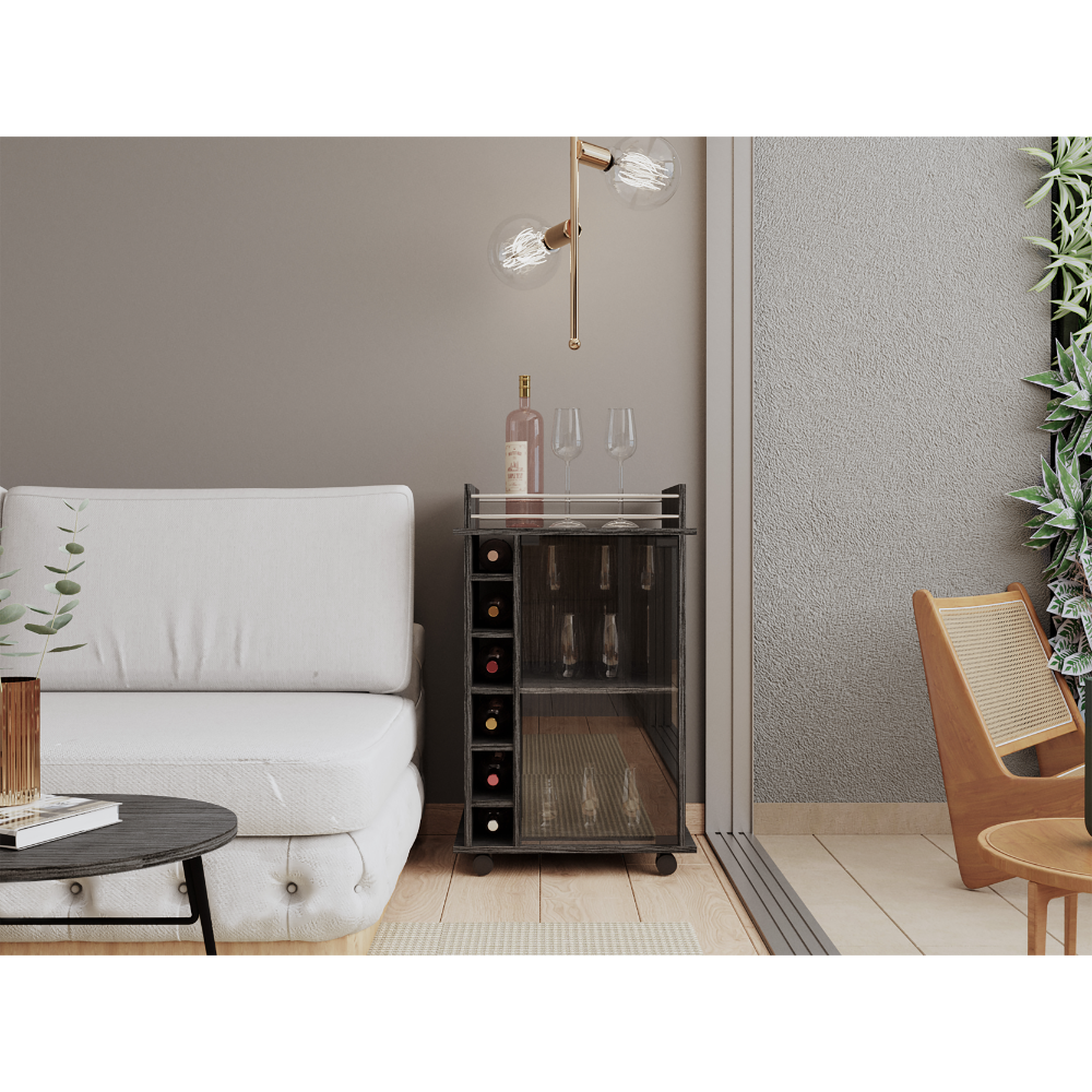 32" H Smoke Oak Bar Coffee Cart, Kitchen Or Living Room Cabinet Storage With With 4 Wheels, With 6 Bottle Racks, A Central Shelf Covered By 1 Glass Door, 1 Support Surface With Aluminum Front. Gray Particle Board Particle Board