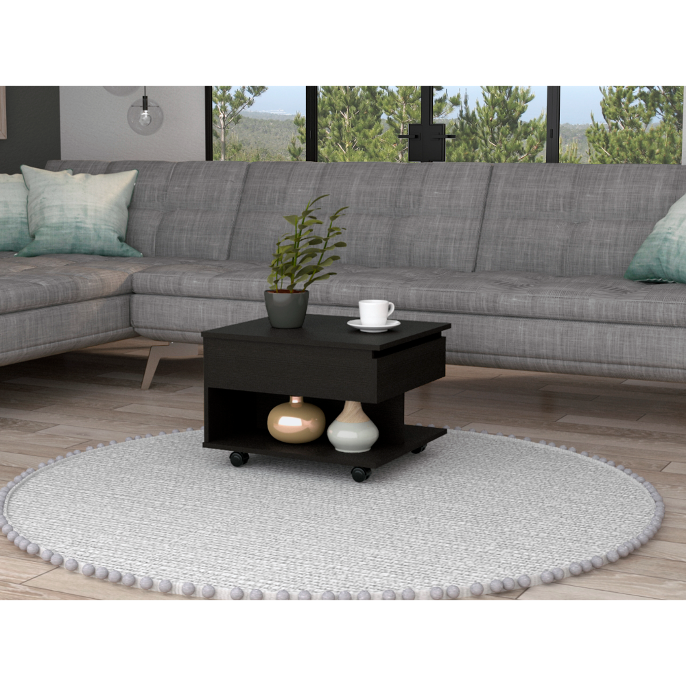 15" H Black Coffee Table, 4 Brake Wheels, Lifting Top That Allows Storage Inside The Table, 1 Lower Shelf And 1 Vertical Division That Allows You To Decorate With Photos, And Design Books Black Particle Board Particle Board