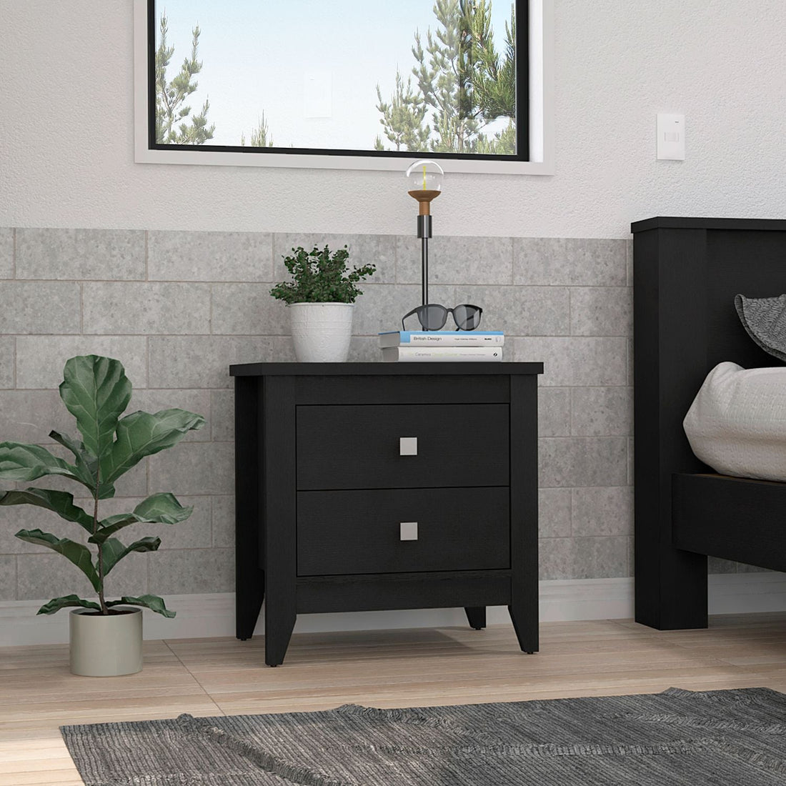 Nightstand 24"H, Two Drawers, Four Legs, Superior Top, Black Black Particle Board Particle Board