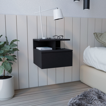 Adele Floating Nightstandend Table, Side Table Drawer, Open Top Shelves Black Black 1 Drawer Bedroom Floating Modern Shelf Particle Board Particle Board