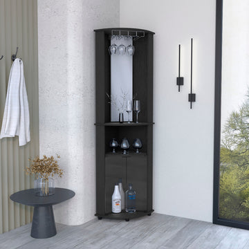 74" H Black Bar Coffee Corner Cabinet Storage, With Rounded Front Design, With 2 Central Shelves, 1 Glass Holder In The Upper Compartment And 1 Storage With Double Glass Door In The Lower Part. Black Particle Board Particle Board