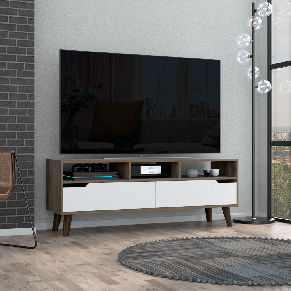 Tv Stand For Tv S Up 52", Three Open Shelves, Two Flexible Drawers, Dark Walnut White Multicolor 50 59 Inches Particle Board Particle Board
