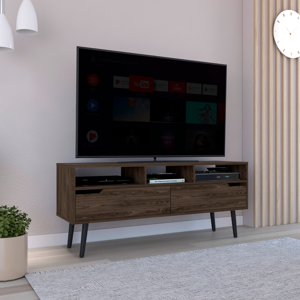 Kobe Tv Stand For Tv S Up 52", Three Open Shelves, Two Flexible Drawers, Dark Walnut Brown 50 59 Inches Particle Board Particle Board