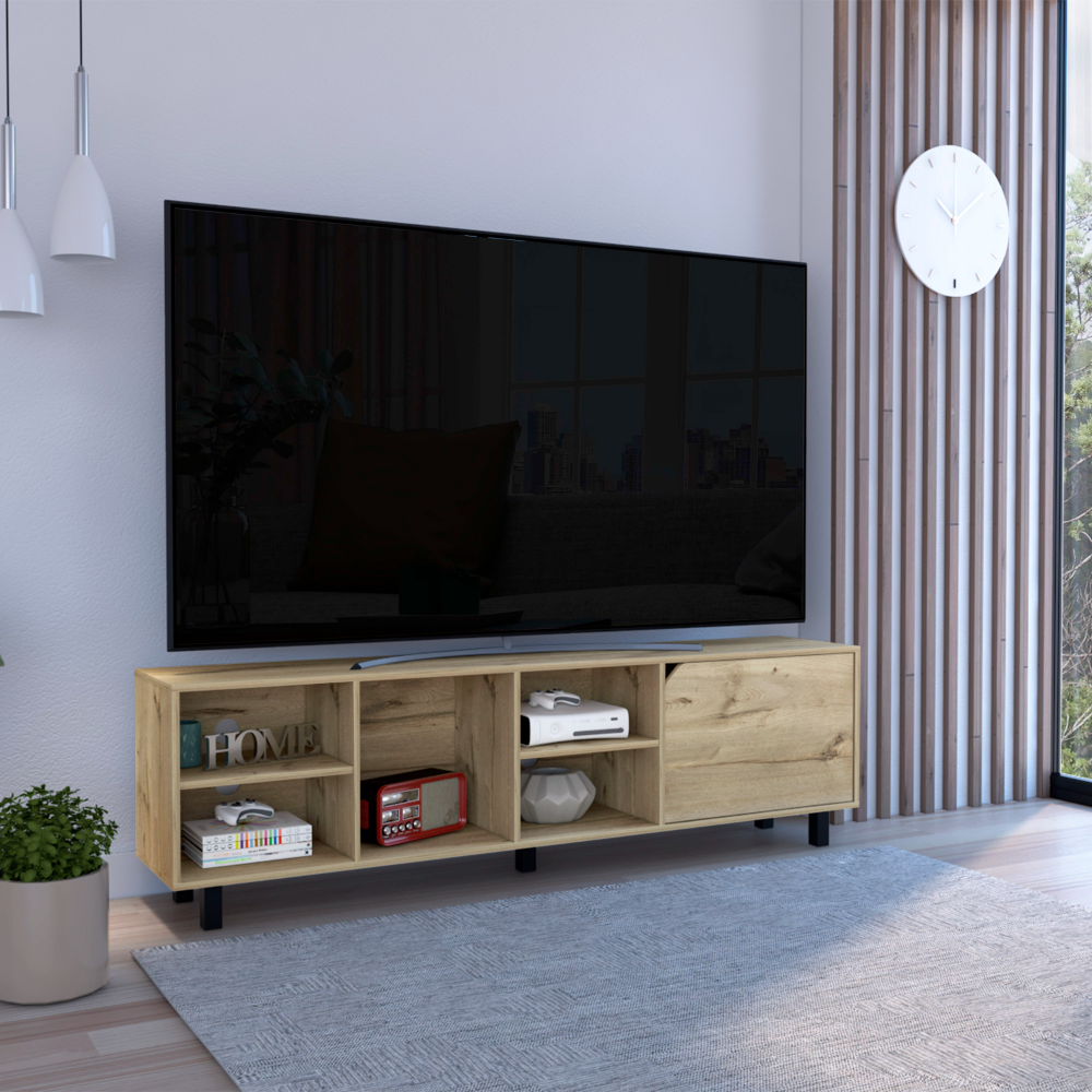 Conquest Tv Stand For Tv S Up 70", Four Open Shelves, Five Legs, Light Oak Light Oak 70 79 Inches Particle Board Particle Board