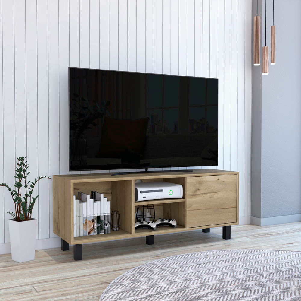 Myrtle Tv Stand, Tabletop,Three Open Shelves, One Cabinet, Light Oak, Modern, Engineered Wood Beige 40 49 Inches Particle Board Particle Board