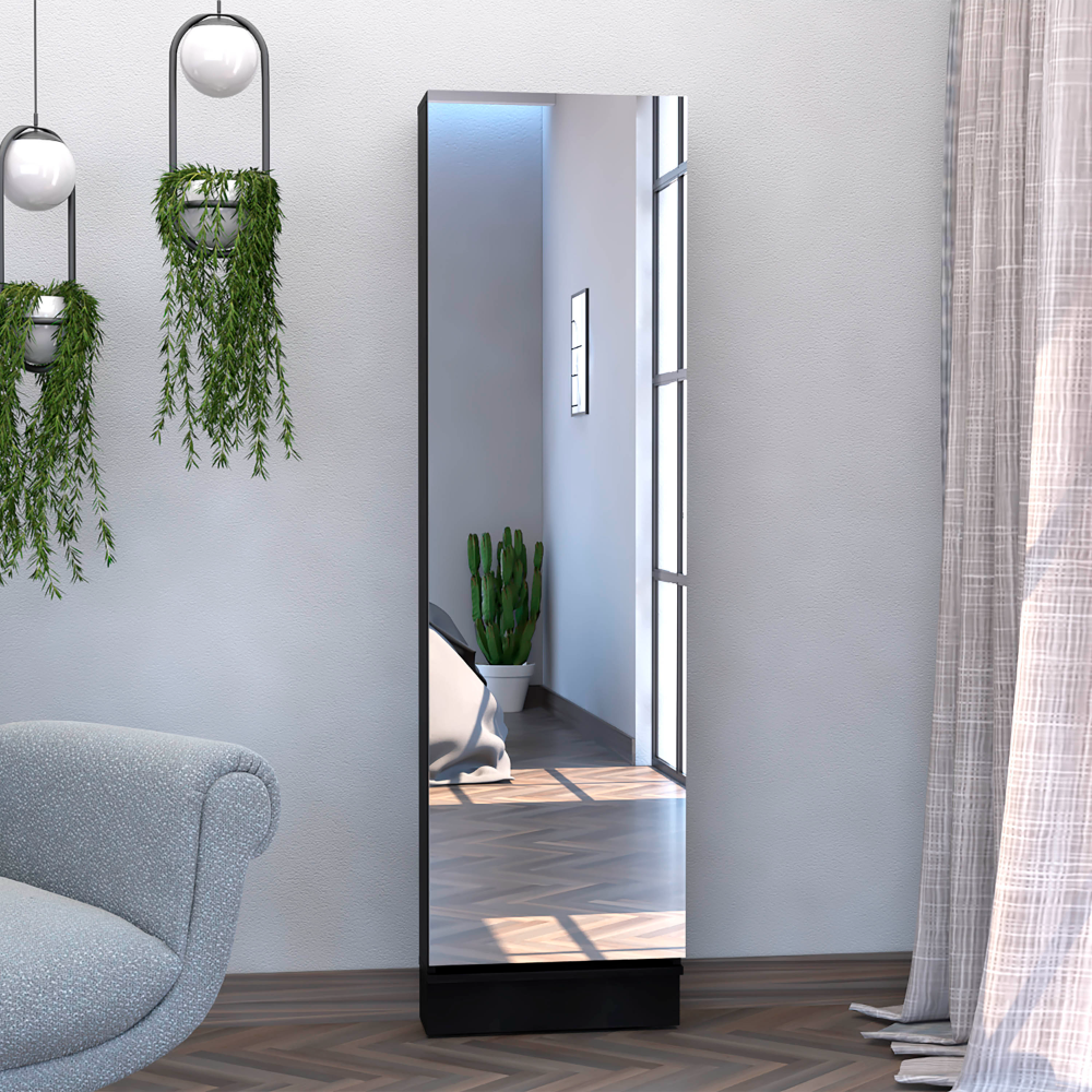 Shoe Rack 67" H, Five Internal Storage Shelves, A Mirror, A Door, Approximate Capacity Of 10 Pairs Of Shoes, Black Black Particle Board Particle Board
