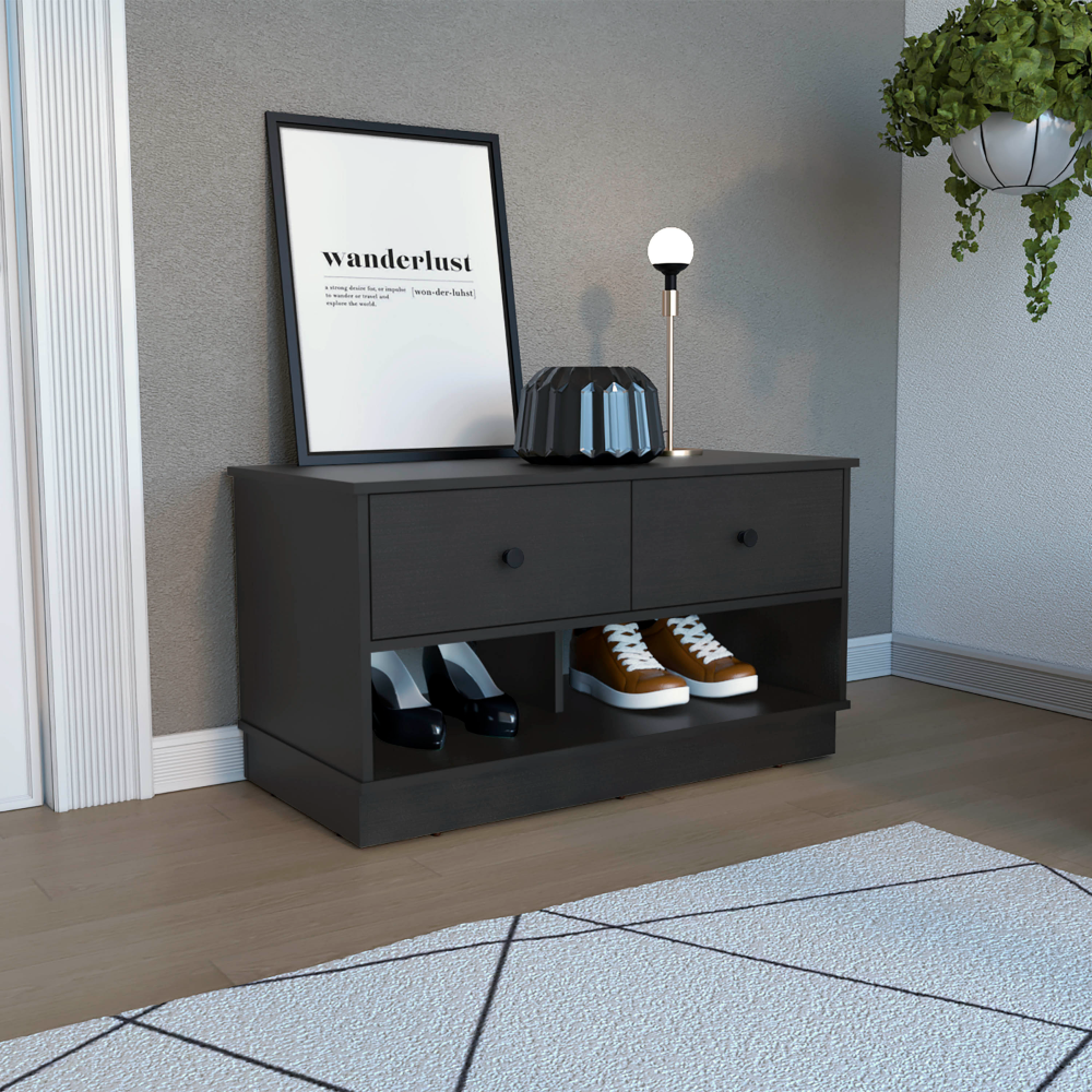 Uranus Storage Bench, Two Drawers, Two Open Shelves, Black Black Bedroom Modern Particle Board Particle Board