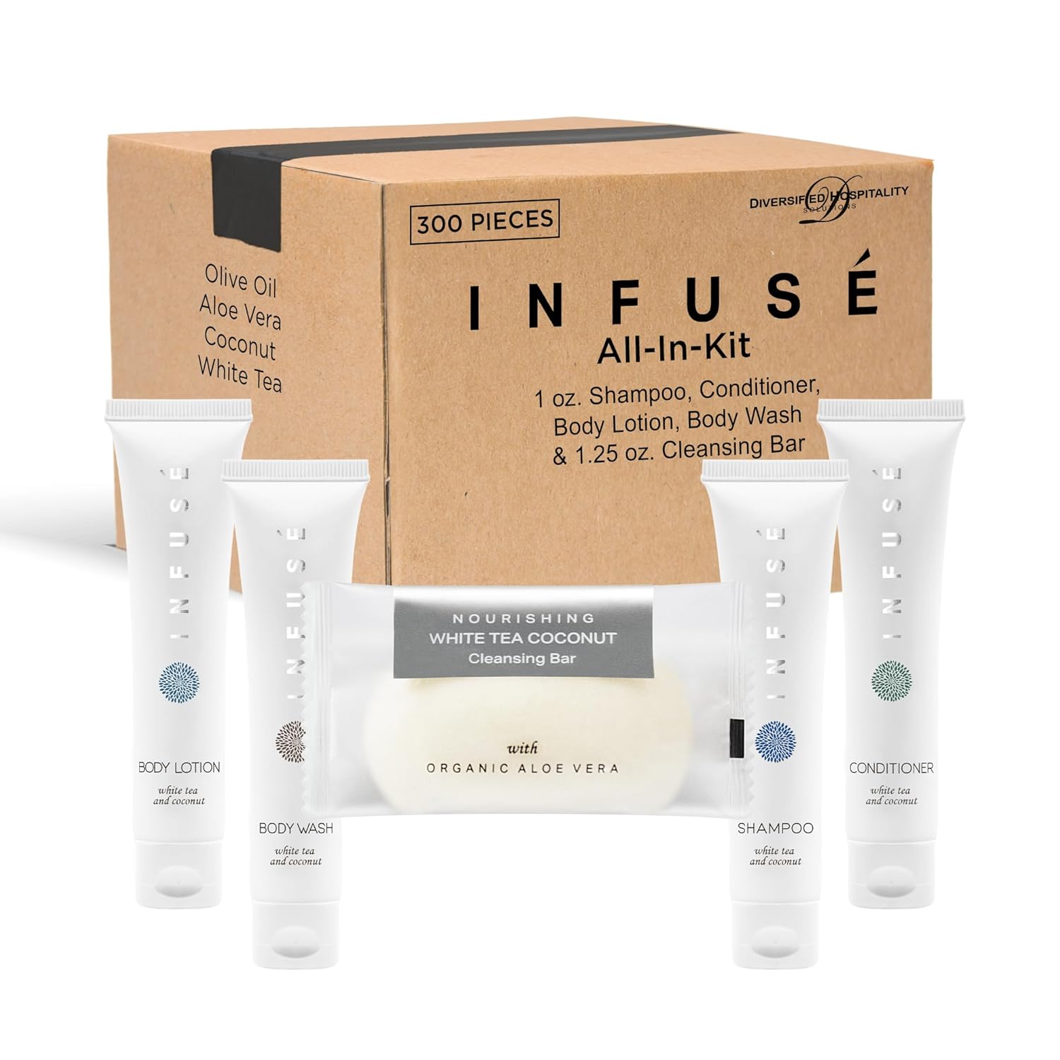 Infuse Pure White Tea And Coconut Hotel Soaps And Toiletries Bulk Set 1 Shoppe All In Kit For Hotels 1Oz Shampoo & Conditioner, Body Wash, Lotion & 1.25Oz Bar Soap Travel Size 300 Pieces White