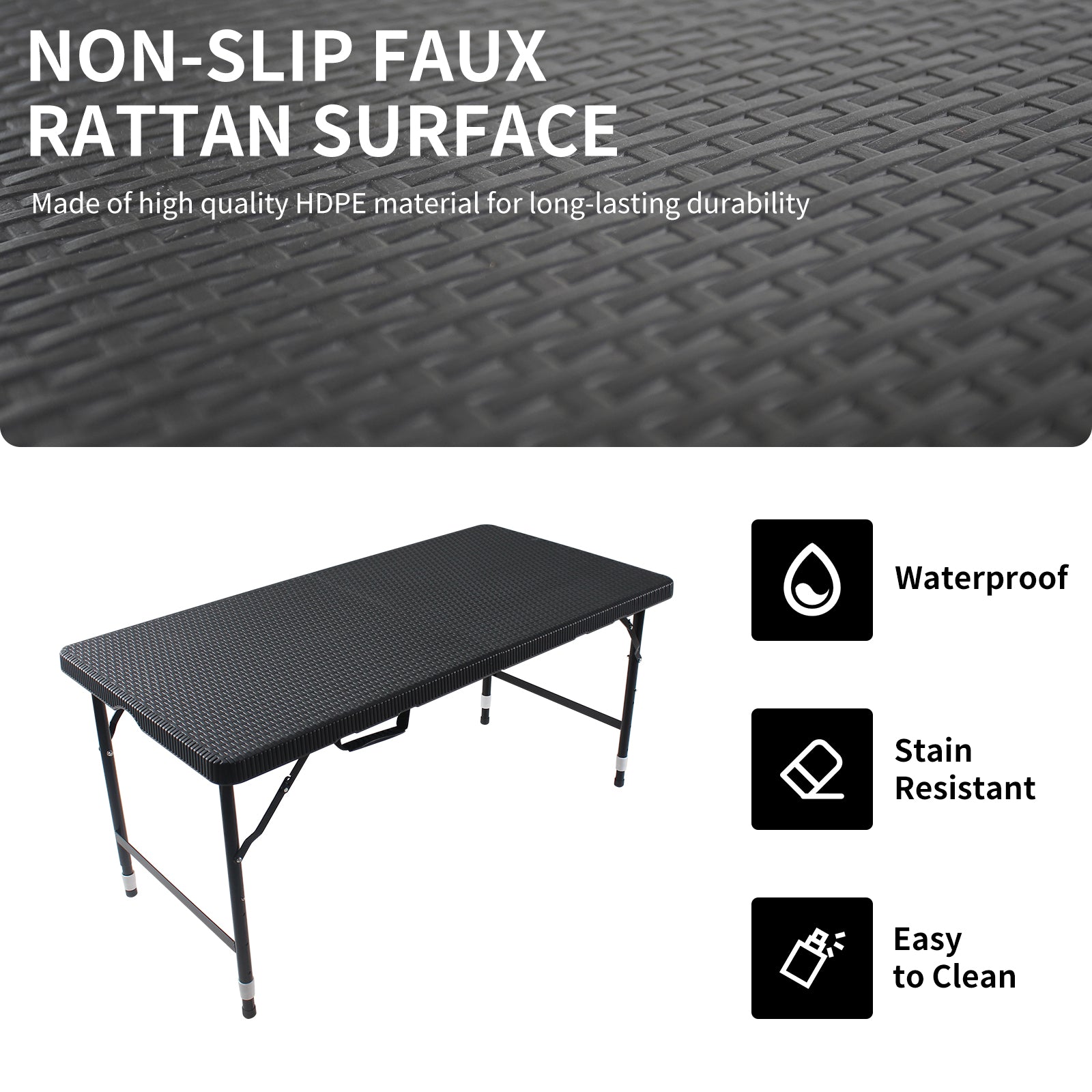 4Ft Rattan Folding Table For Indoor&Outdoor, Portable Foldable Table Rattan Plaited Black Black Garden & Outdoor Rattan