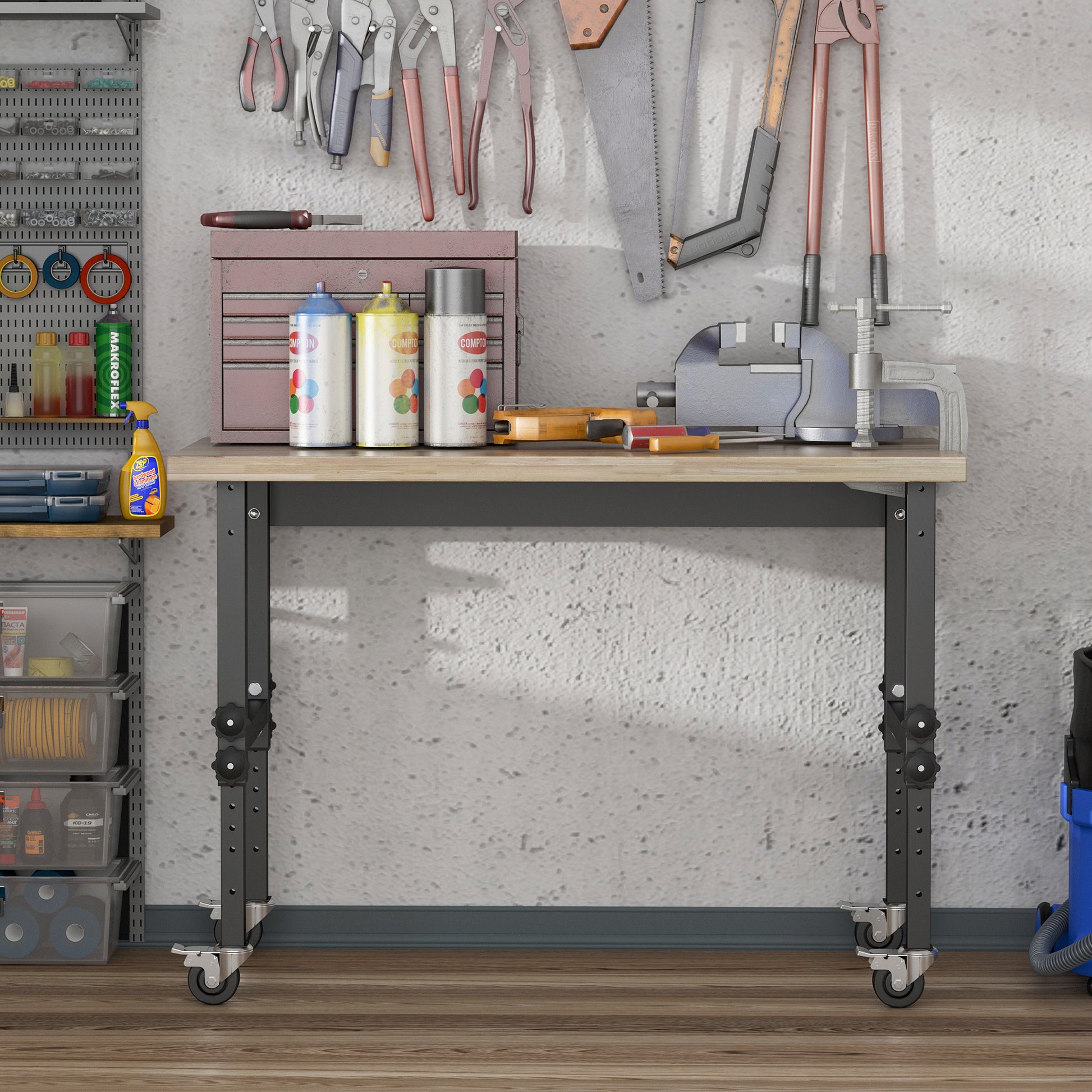 Homcom 47.25" Work Bench With Height Adjustable Legs, Bamboo Tabletop Workstation Tool Table On Wheels For Garage, Weight Capacity 1320 Lbs, Black Natural Natural Wood Bamboo