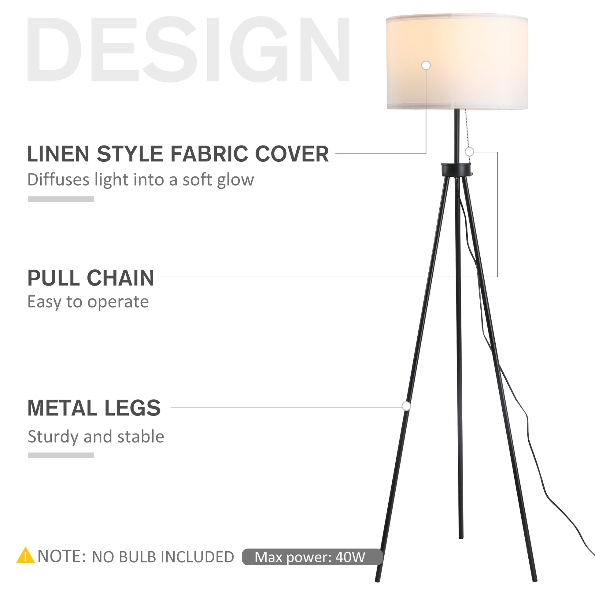 Homcom 59.75" Tripod Floor Lamp With Pull Chain Standing, Fabric Lampshade E26 Lamp Holder Steel For Living Room, Bedroom, Office, Black Black Glass Metal