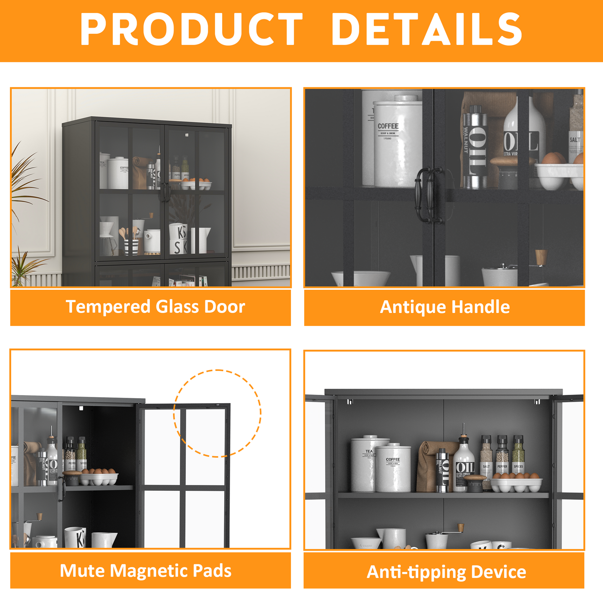 Premium Black Metal Storage Cabinet With Tempered Glass Doors, Adjustable Shelves, Anti Tipping Device, Magnetic Silent Closure, And Adjustable Feet For Home And Office Use Accent Chests 3 4 Spaces