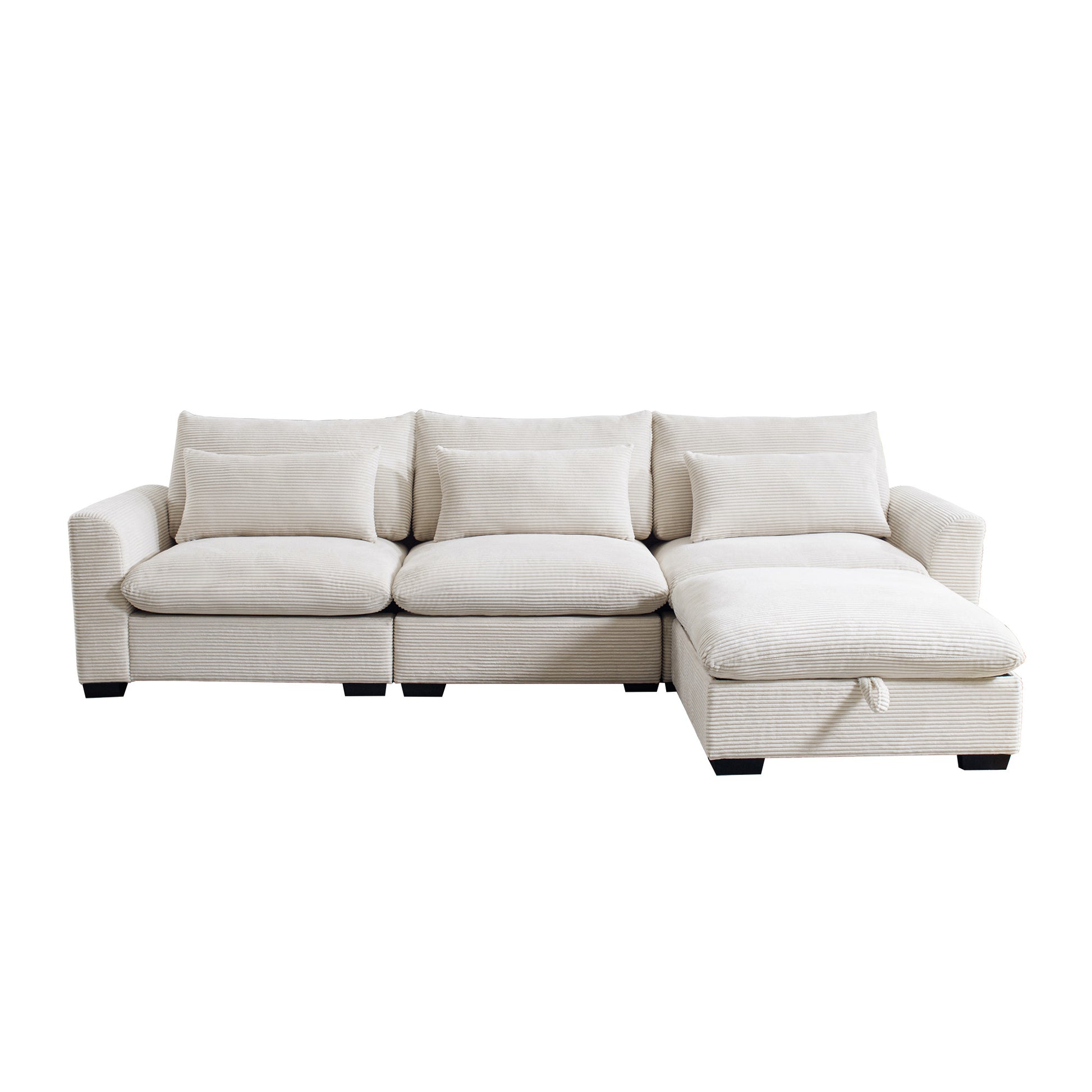 Corduroy Sectional Sofa, L Shaped Couch With Storage Footstool And 3 Pillow, Sectional Couch For Living Room Apartment, Beige Beige Corduroy 3 Seat