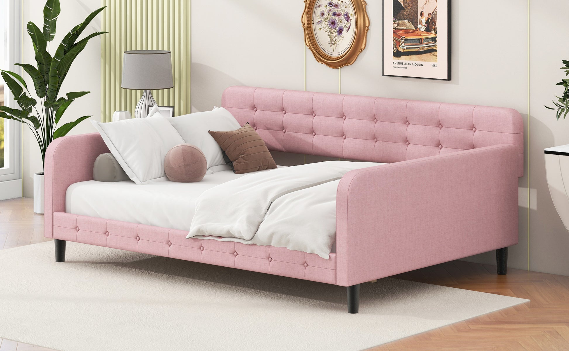 Full Size Upholstered Tufted Daybed With 4 Support Legs, Pink Box Spring Not Required Full Pink Wood Bedroom Daybeds Linen Upholstered