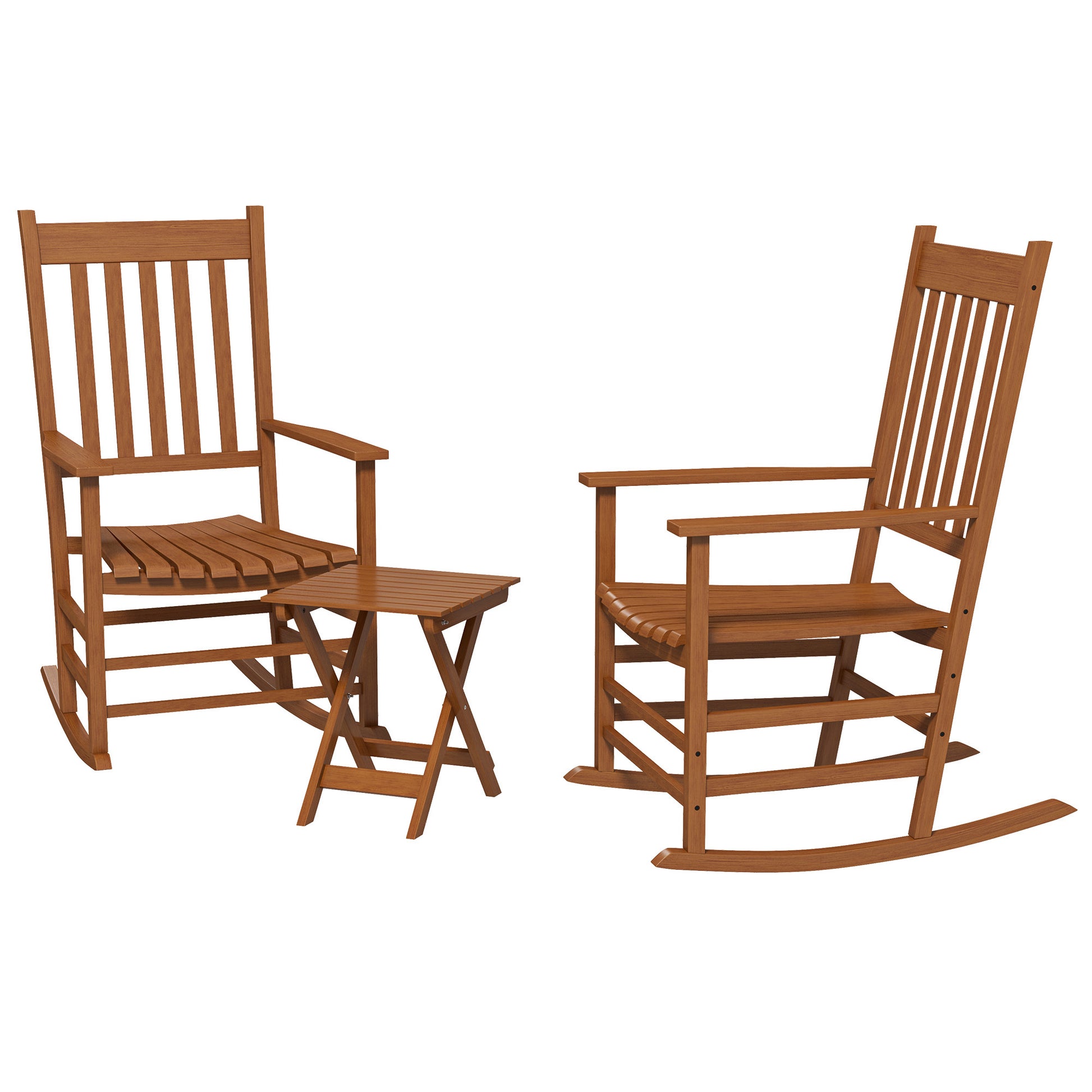 Outsunny Outdoor Rocking Chair Set Of 2 With Side Table, Patio Wooden Rocking Chair With Smooth Armrests, High Back For Garden, Balcony, Porch, Supports Up To 352 Lbs., Teak Natural Wood