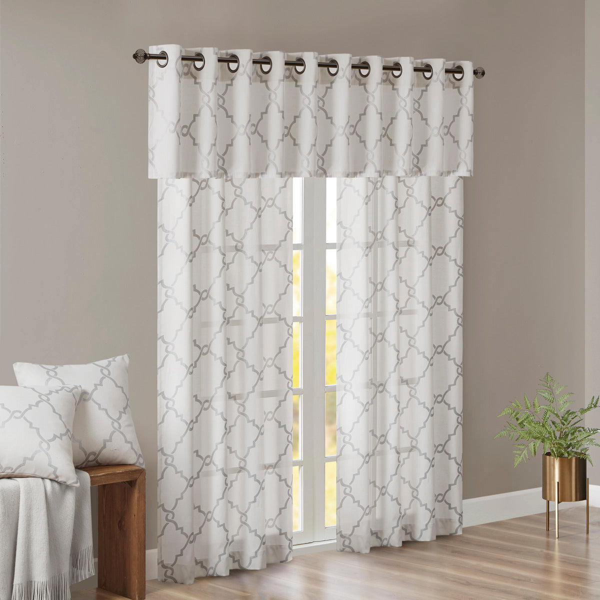 Fretwork Print Grommet Top Window Valance Ivory Grey 50X18" Ivory Grey Polyester