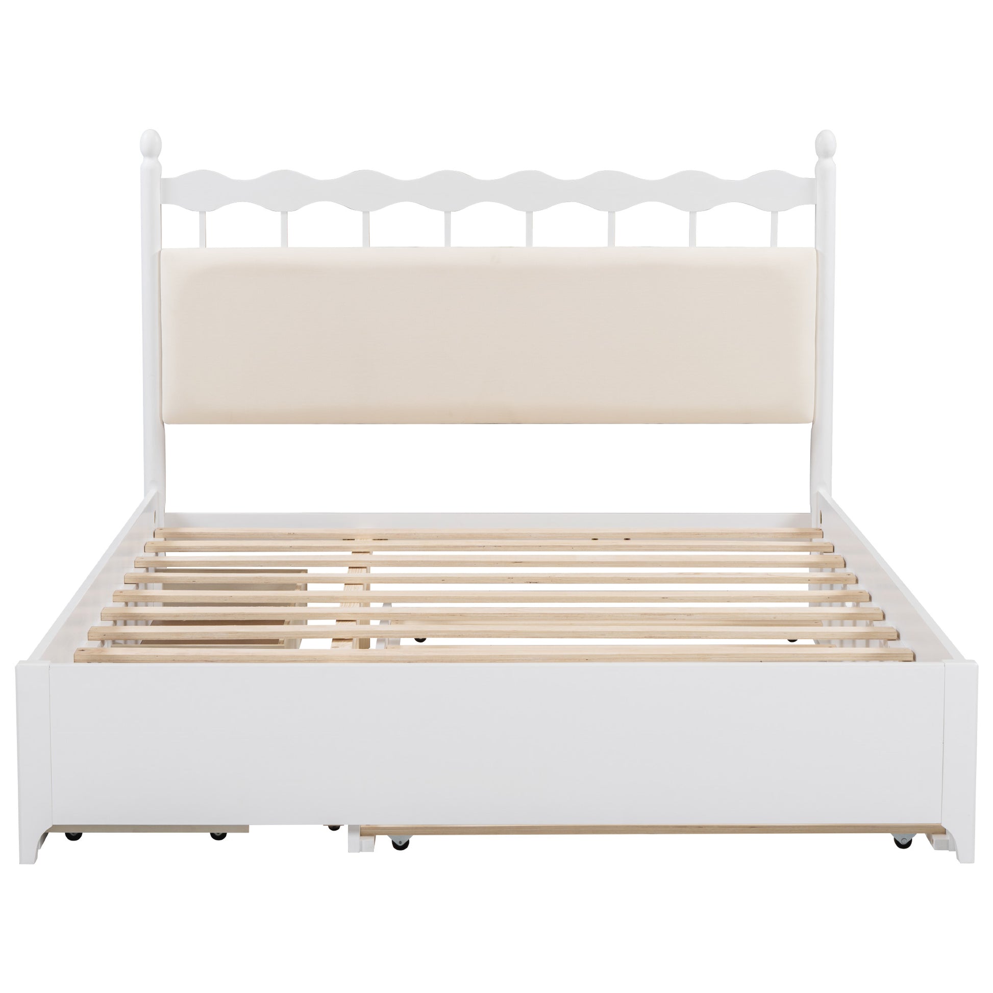 Queen Size Wooden Storage Platform Bed, With 2 Big Drawers, T Size Trundle, White Queen White Plywood
