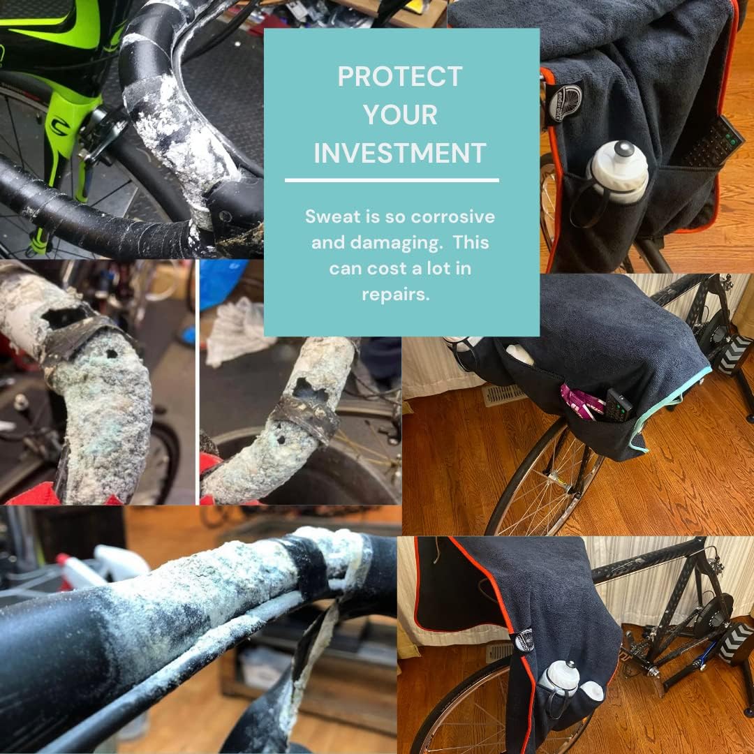 Sweat Protection Towel, Handdlebar Sweat Towel For Peloton, Echelon Bike, Bike Trainer Stand, Indoor Cycling Workout Towel With 6 Pocket For Water Bottle Or Phone Holder Black Polyester