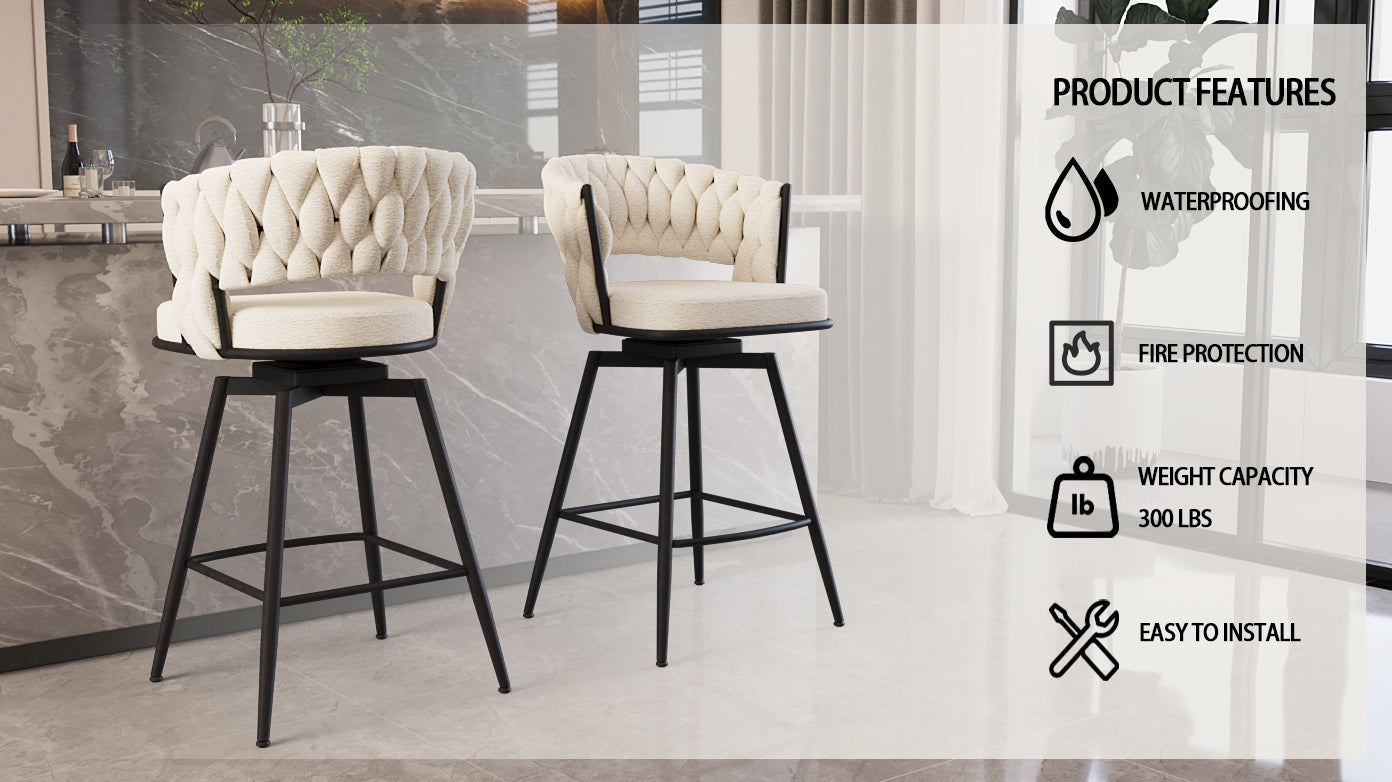 Bar Chair Toweling Woven Bar Stool Set Of 4, Black Legs Barstools No Adjustable Kitchen Island Chairs,360 Swivel Bar Stools Upholstered Counter Stool Arm Chairs With Back Footrest, White White Black Foam Linen