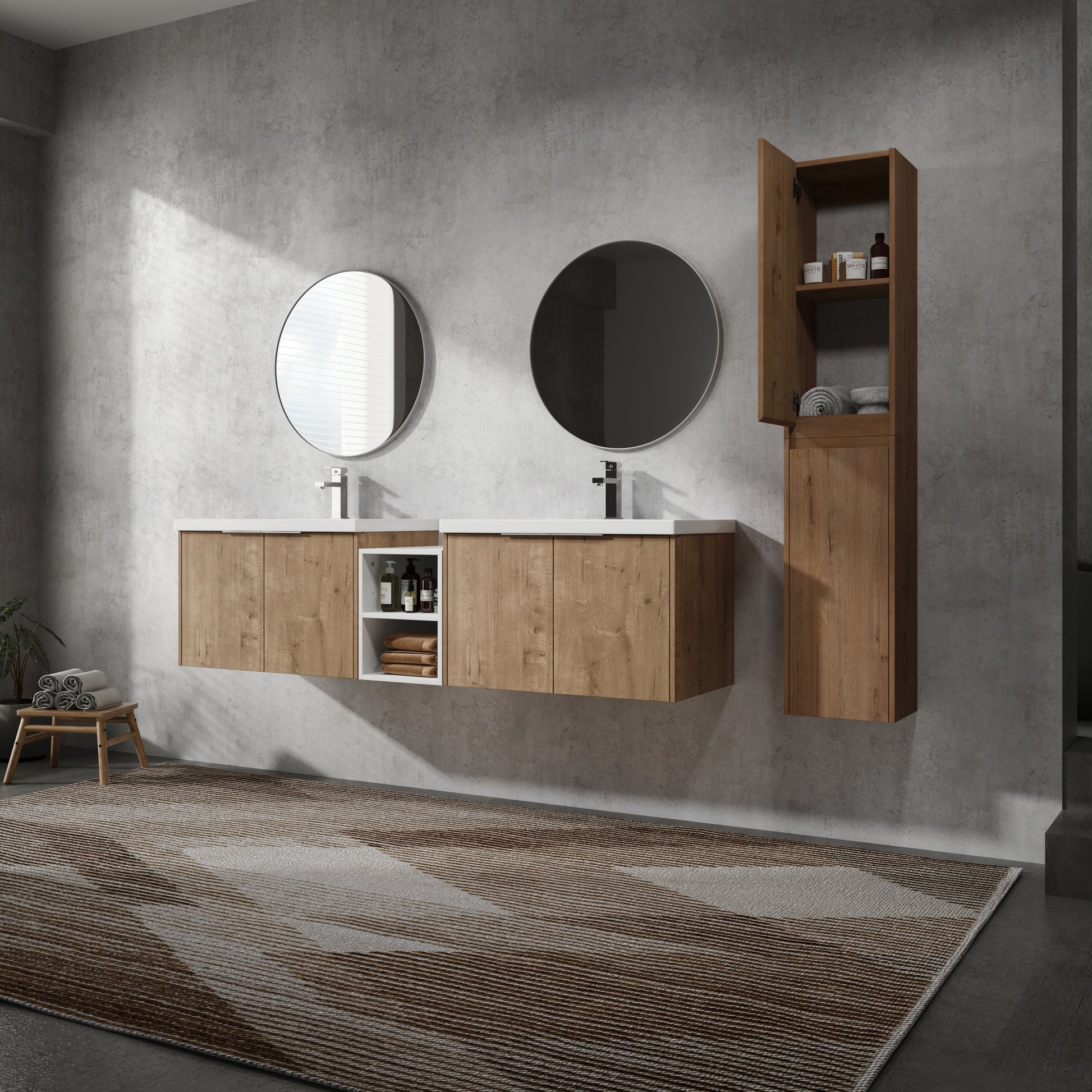 72" Wall Mounted Bathroom Vanity With Sink And Side Cabinet, Soft Close Doors,00112Imo 00630Imox2 00612Gwh Combination Cabinet Kd Packing Imitative Oak Bathroom Modern Plywood Plywood