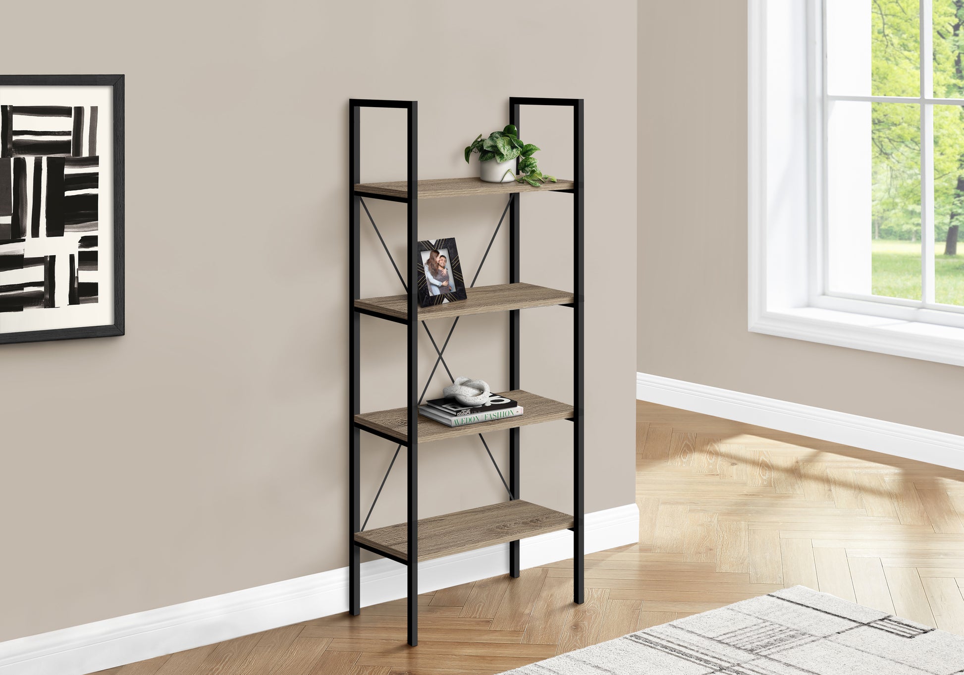Bookshelf, Bookcase, 4 Tier, 48"H, Office, Bedroom, Brown Laminate, Black Metal, Contemporary, Modern Taupe Particle Board