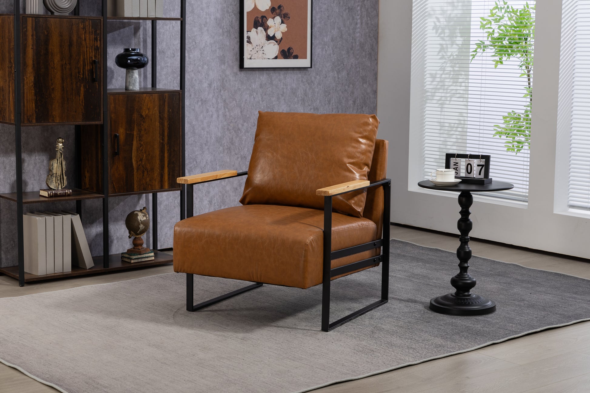 Leather Accent Chair Guest Chair For Living Room, Mid Century Armchair For Bedroom Brown Leather Brown Pu